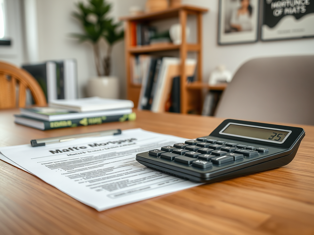 A calculator and a mortgage document are on a wooden table, with books and a plant in the background.