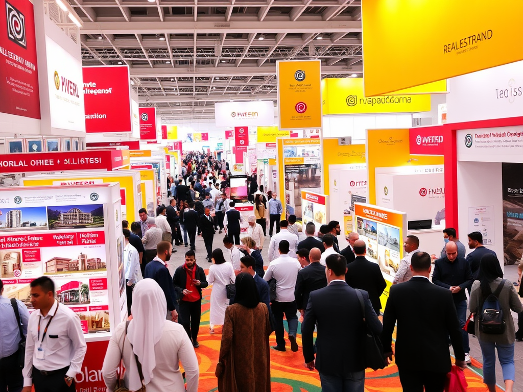 A busy exhibition hall filled with people exploring colorful booths and displays.