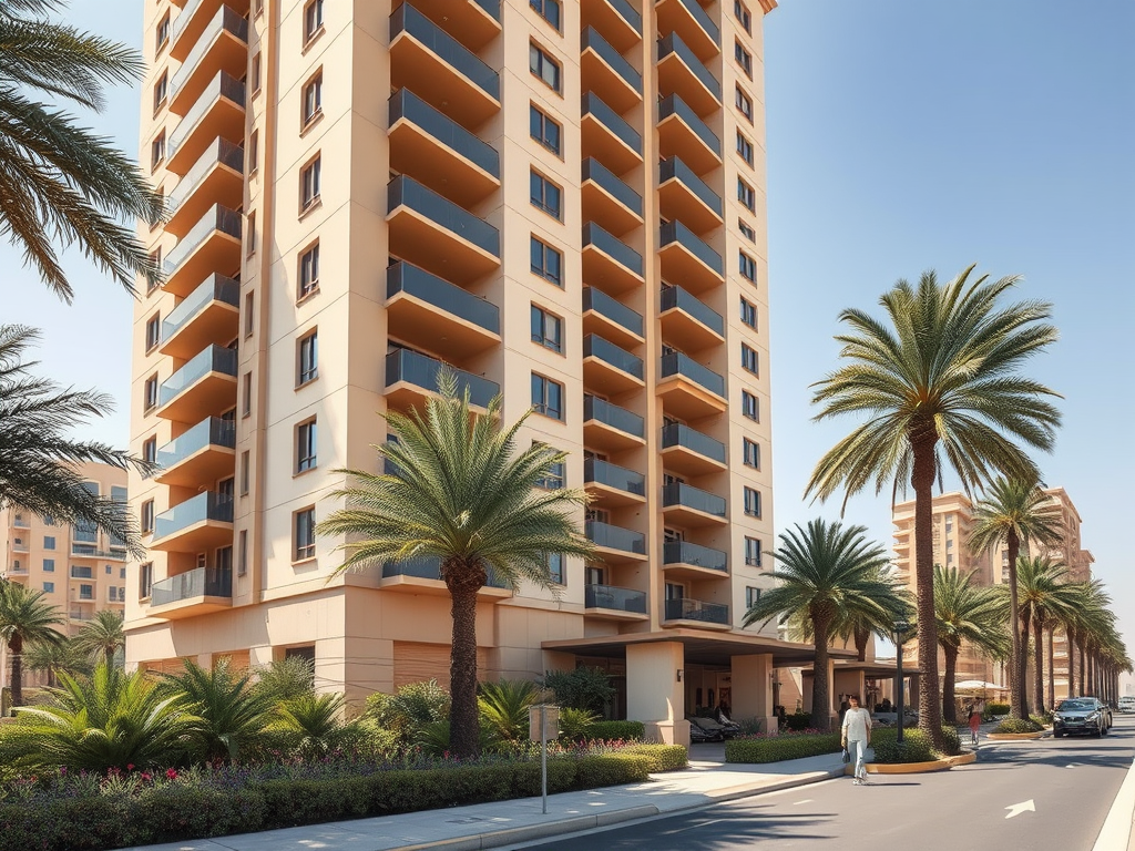 A modern apartment building with palm trees lining the pathway, under a clear blue sky.