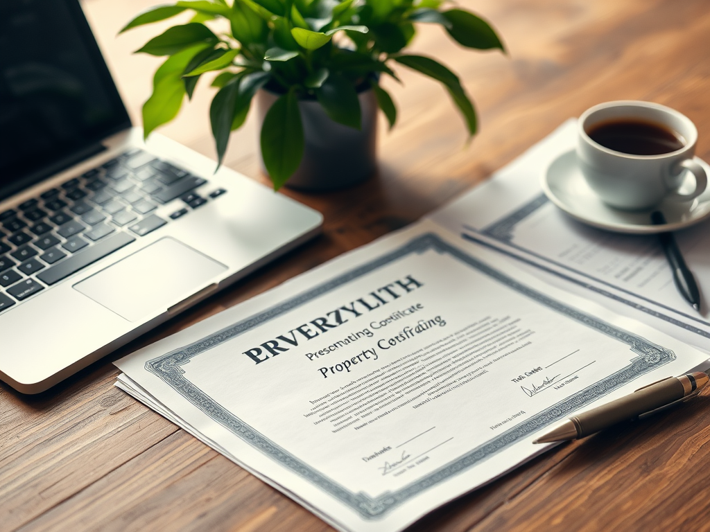 A certificate document on a wooden desk beside a laptop, coffee cup, and a small potted plant.