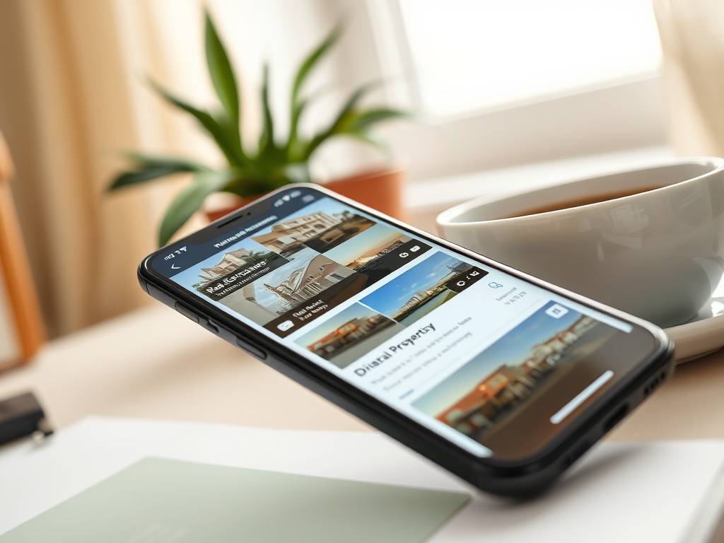 A smartphone displays real estate listings, with a cup of coffee and a plant in the background on a desk.