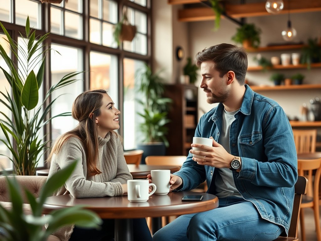 A young couple enjoys a conversation over coffee in a cozy café with plants and warm lighting.