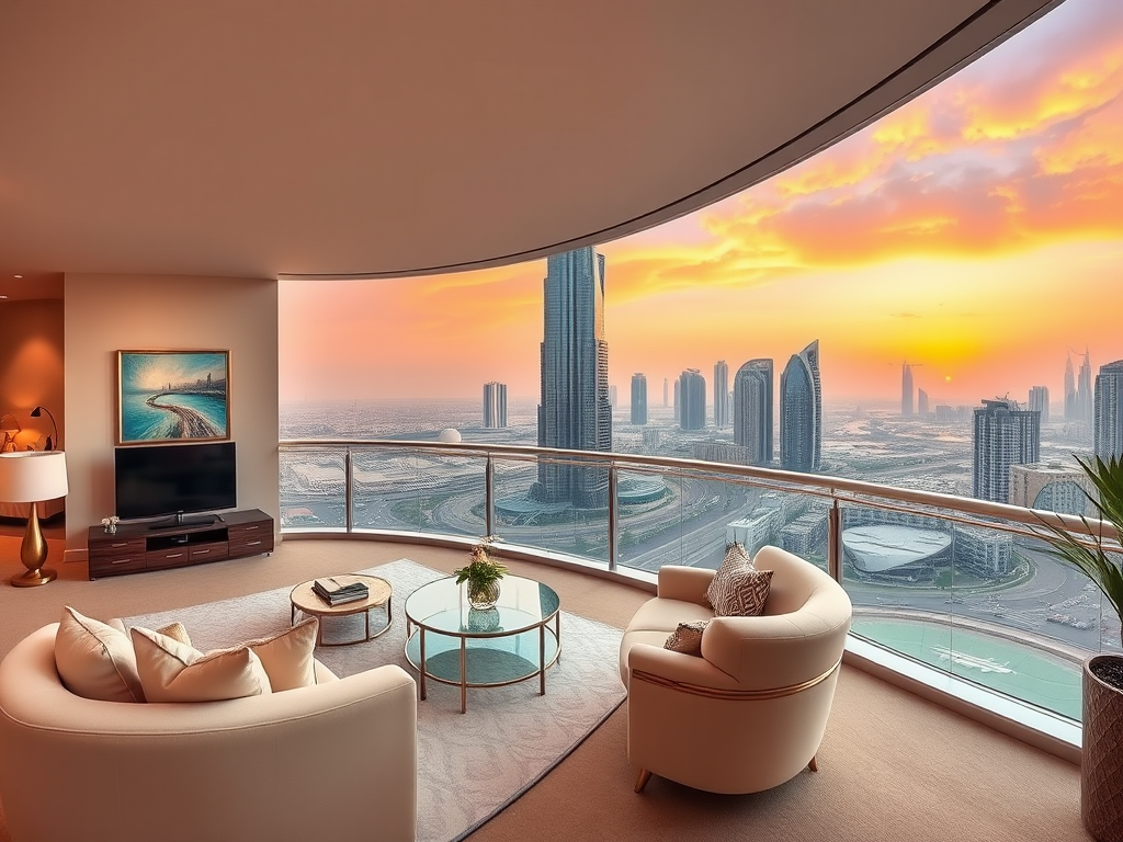 A luxurious living room with modern furniture and a stunning view of a city skyline at sunset.