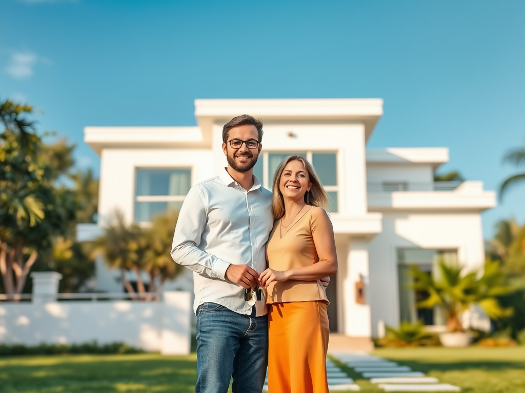 A smiling couple stands together in front of a modern house, surrounded by green grass and palm trees.