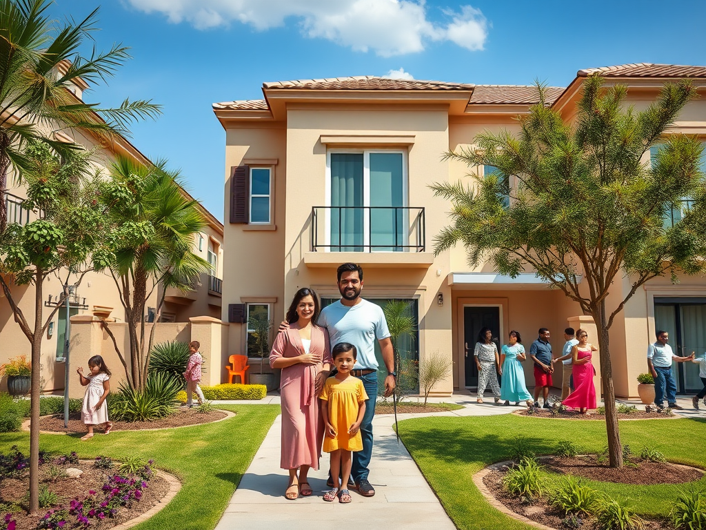 A cheerful family poses in front of their home, surrounded by friends and lush greenery on a sunny day.