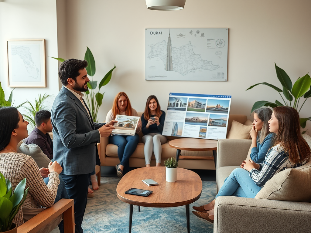 A man presents materials to a group sitting in a modern room, discussing projects related to Dubai.