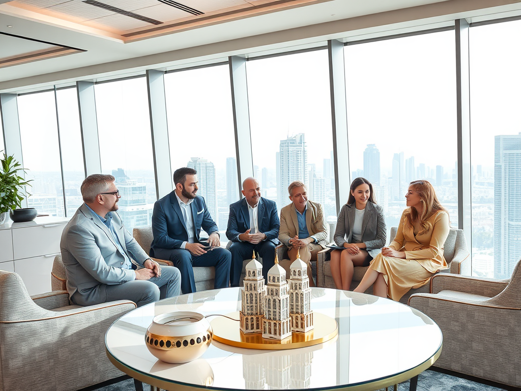 A group of six professionals seated in a modern office with a city skyline view, engaged in conversation.