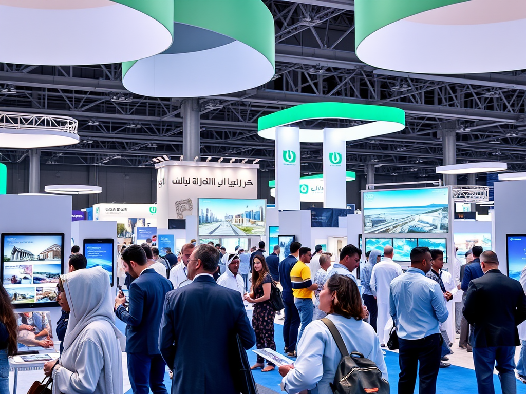 A busy exhibition hall with people browsing various booths and displays under colorful hanging lights.