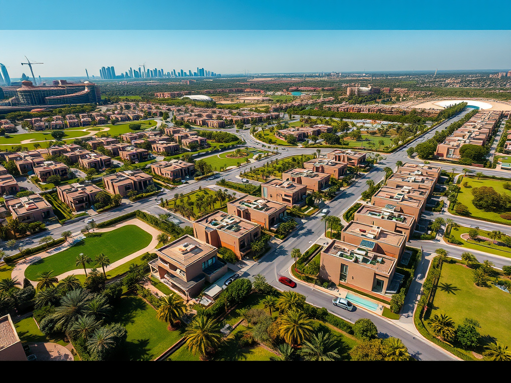 Aerial view of a modern residential area with landscaped gardens and roadways, set against a city skyline backdrop.