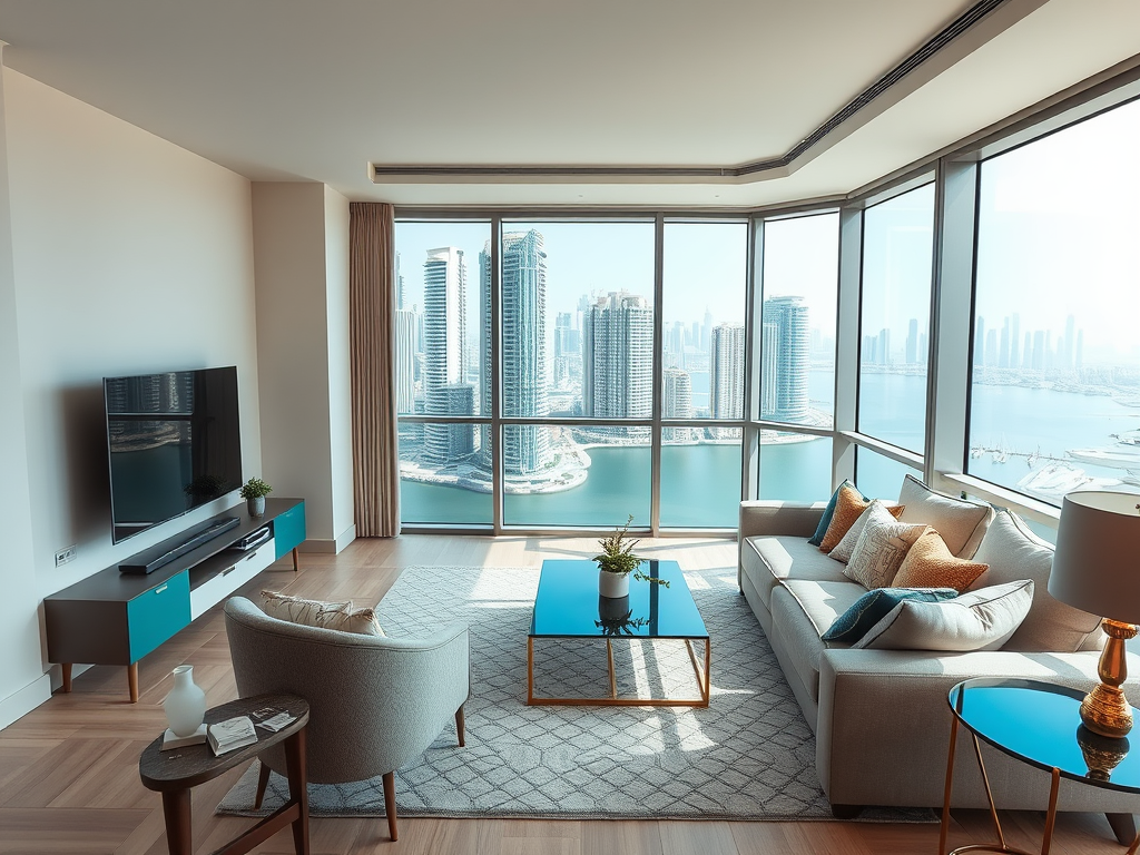 A modern living room with large windows overlooking a city skyline and a waterfront view, stylish furniture, and decor.